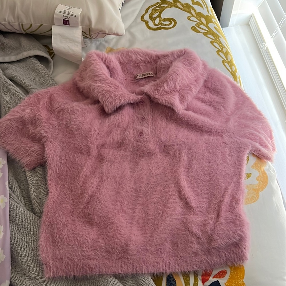 Kind of crop top fuzzy polo top with buttons